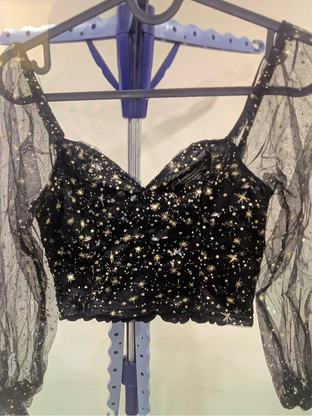 Peaches Uniforms Black Sheer Star-Print Crop Top